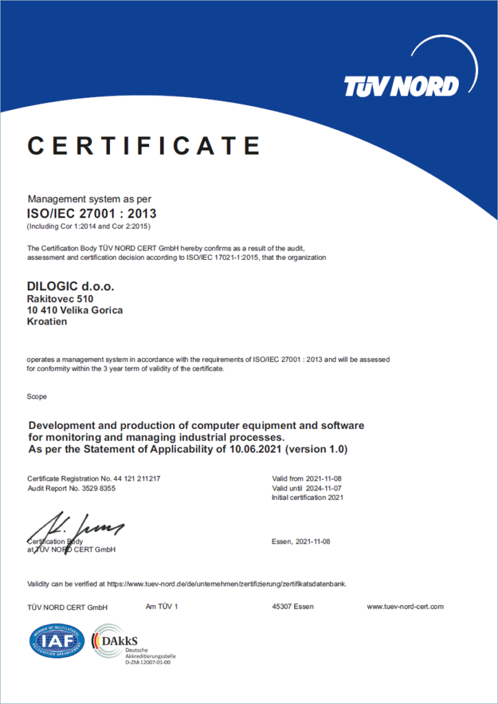 Dilogic ISO 27001 certificate
