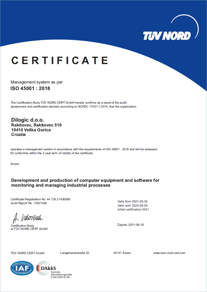 Dilogic ISO 45001 certificate